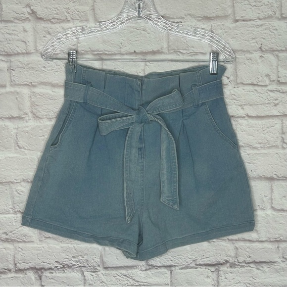 Mele & Pere Paper Bag Waist Tie Denim Shorts - Picture 4 of 14